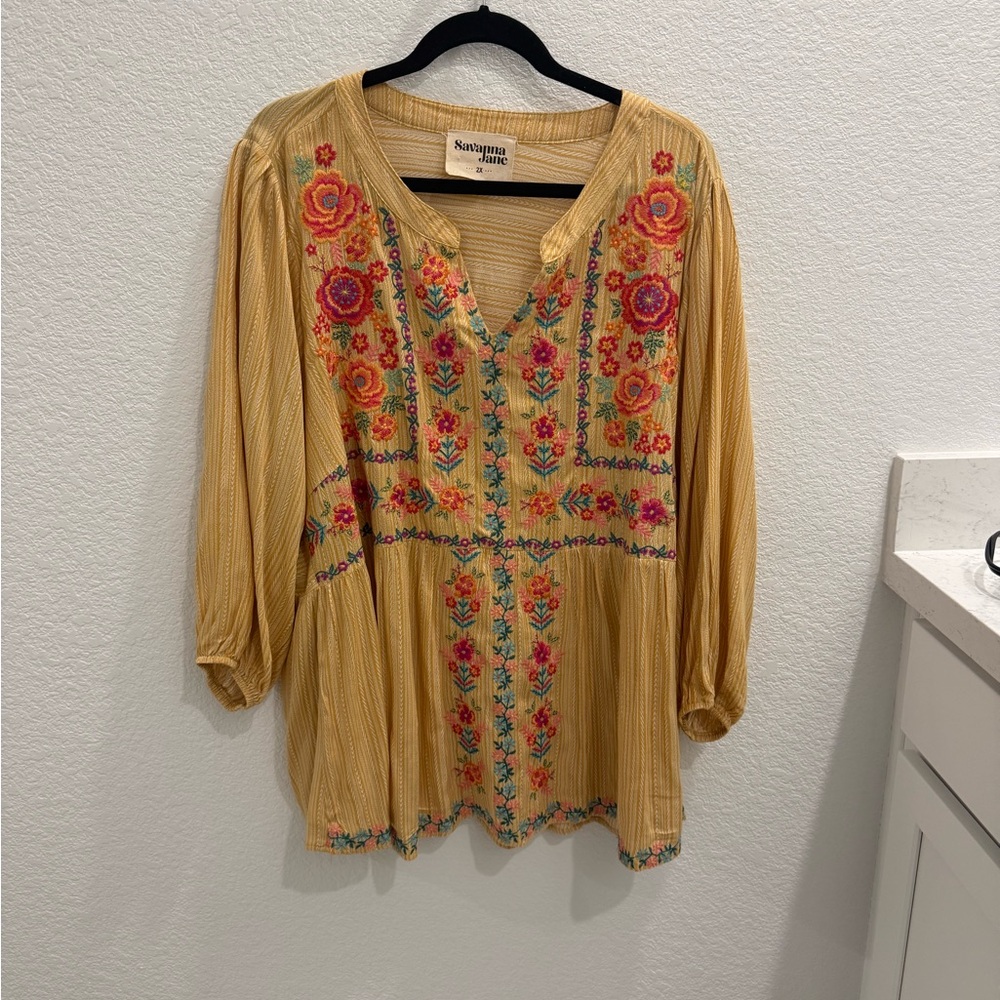 Savanna Jane Mustard Embroidered Boho Blouse - 2x